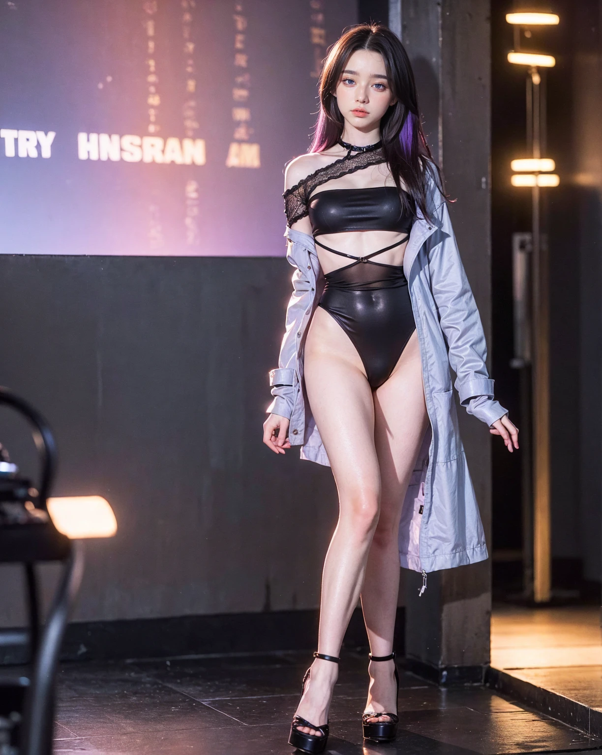 Fashion Week catwalk,On a gorgeous stage,A group of Miss World,Dressed gorgeously,Full body photo of the vista,