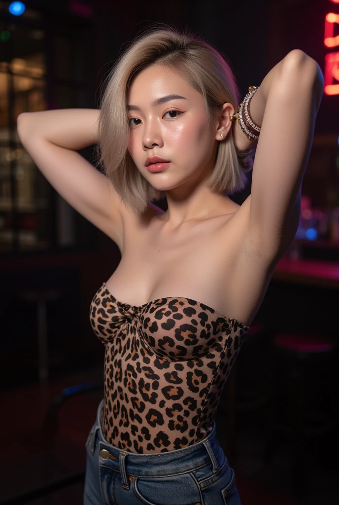 realistic bright lights, upper knees pose of a realistic ultra hot sexy woman 25yo:1.2 , korean Thailand mixed mature woman:1.2 , sexy alluring sensual expression:1.1 , short bright blonde braid hair ,indoors , bright weather background , bright dramatic lighting, modern bright colorful night club party style