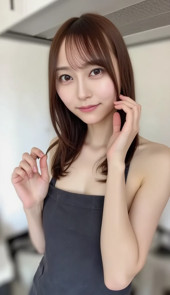 (Highest quality、8K、32k、masterpiece)、(Realistic)、(Realistic:1.2)、(High resolution)、Very detailed、Very beautiful face and eyes、1 Girl、Round and small face、Tight waist、Delicate body、(Highest quality、Attention to detail、Rich skin detail)、(Realistic、Realistic:1.37)、Bright colors、(((Chestnut Hair)))、(((Upper Body Shot)))、(((Medium Hair)))、(((Fair skin)))、(((White wall background)))、(((White wall background)))、(((smile)))、(((Teeth are visible)))、(((wear a pink tank top)))、(((Touch your chin with your right hand)))、(((Polka dot tank top)))、(((Making a peace sign)))