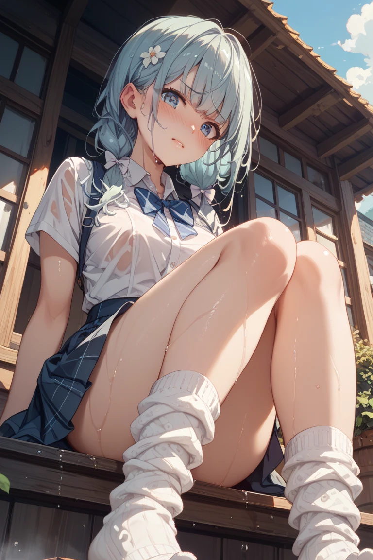 ((Highest quality)), ((masterpiece)), (detailed),1girl, medium breasts, blush, aroused, embarrassed, angry, clothed, micro shorts, spread legs, pantyless, NSFW, sweat, rittle wet, blurry background,