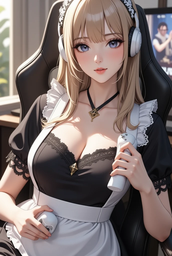Masterpiece, best quality, White headphone, blonde, korean woman, tall, slender, long beautiful legs, beautiful face, detailed face, detailed fingers, show full height, anime pastel, cleavage, Santa outfit, riding on sleigh, throwing out presents