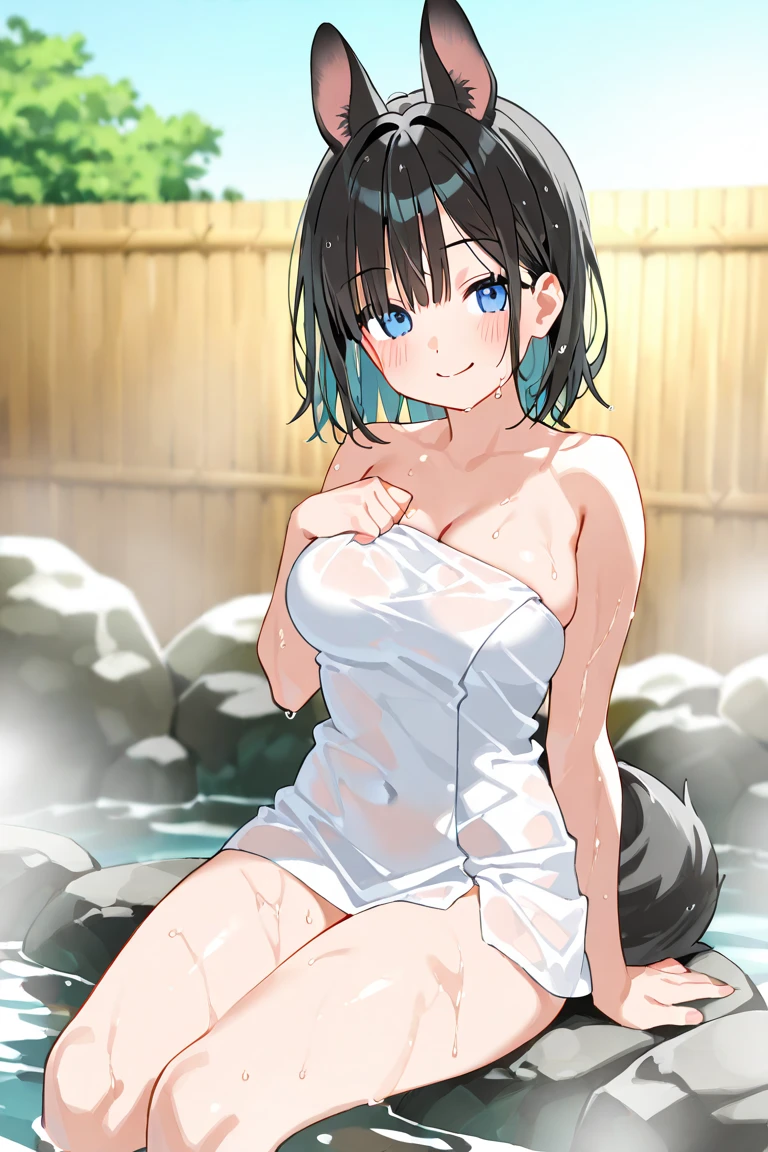 beautiful lighting, 1girl in, 独奏, medium naked boobs, Akane, ((anime styled))、((2D))、be shy、(hot onsen)、A smile、(Bath towel on naked)、a closeup、Ashamed