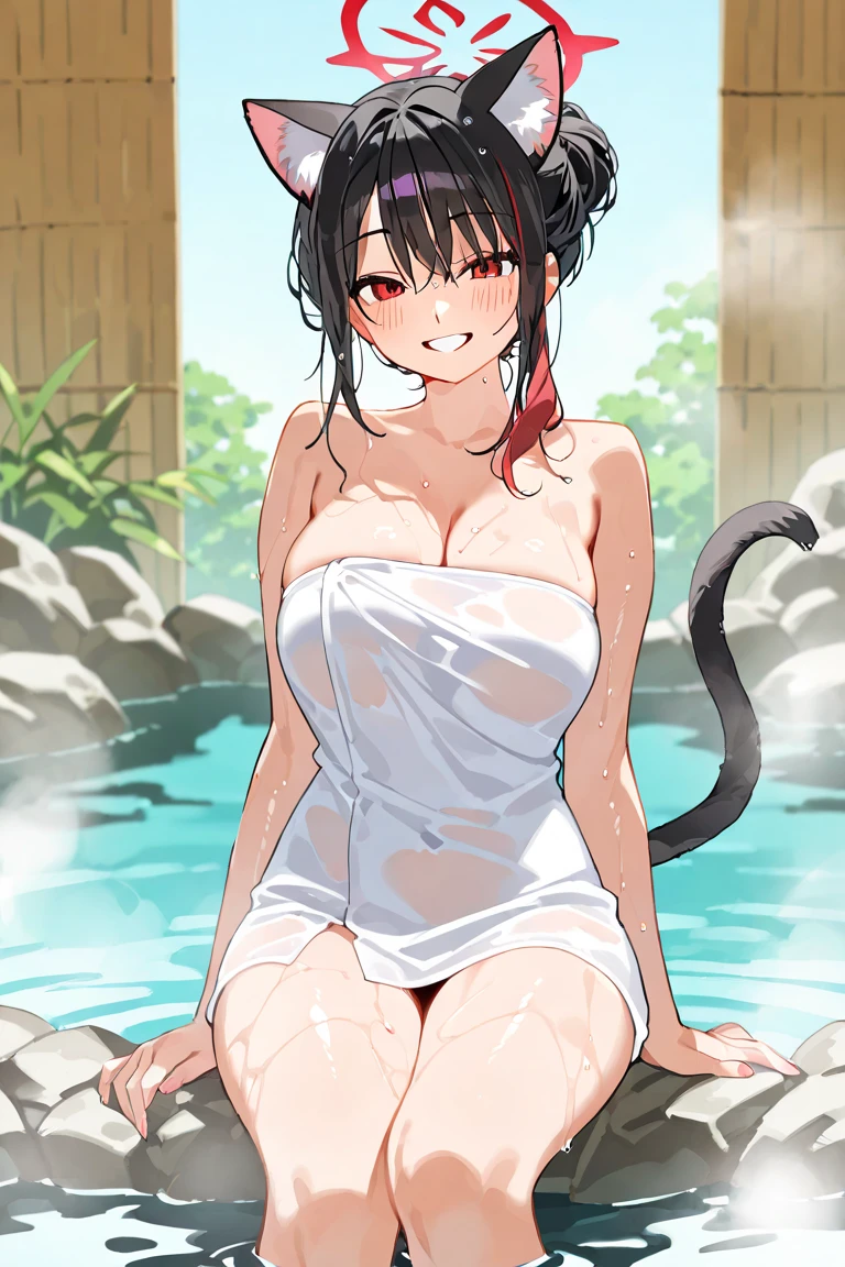 Cat girl with large breasts taking a bath sun