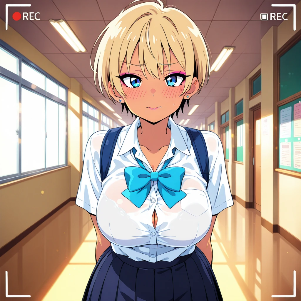((best quality)), ((masterpiece)), (detailed), perfect face, (18yo teen girl), (slender), (classroom), (view from outside window), (standing), (blonde), (ponytail), (((topless))), (((embarrassed:1.5))), (((dark blue pleated skirt))), (((medium breasts)))