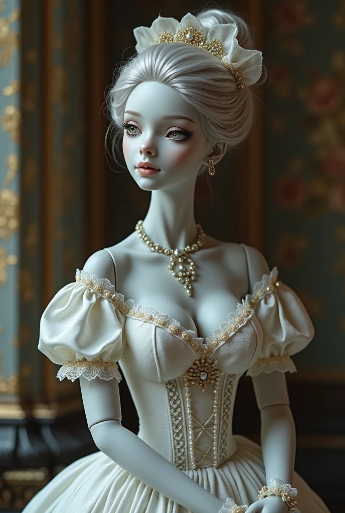 4K, Masterpiece, highres, absurdres,
[ballgown|edgMarquise], edgMarquise, a woman with a white wig and a pearl necklace ,with a edgMarquise_hairstyle, wearing a ballgown
 <lora:MarquiseGown:0.7>