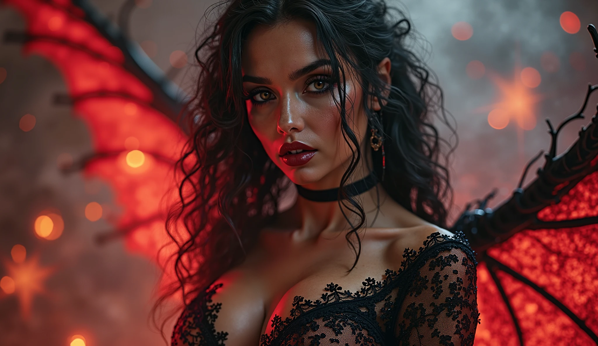 a beautiful female sorceress, long flowing hair, penetrating eyes, painted red lips, intricate detailed dress, dramatic pose, dark fantasy, dramatic lighting, cinematic, fantasy art style, dark moody colors, chiaroscuro lighting, ethereal, magical, powerful, longingly looking at the viewer