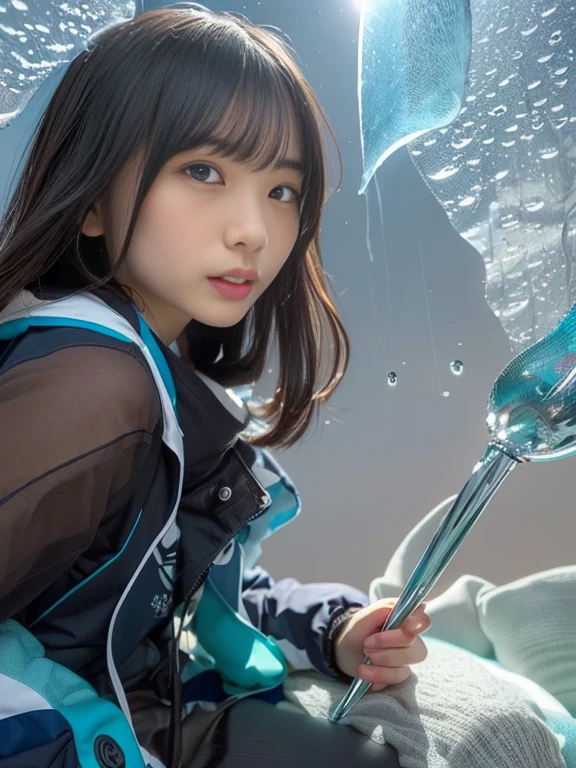 there is a woman that is holding a frisbee in the rain, soap bubble mind, wearing translucent sheet, her face is coated in a whitish, chiho, covered in slime!!, covered in water drops, her face flushing and sweat, character is covered in liquid, screenshot from a movie, raining!!, clear cute face, glass bubble helmet, soap bubble
