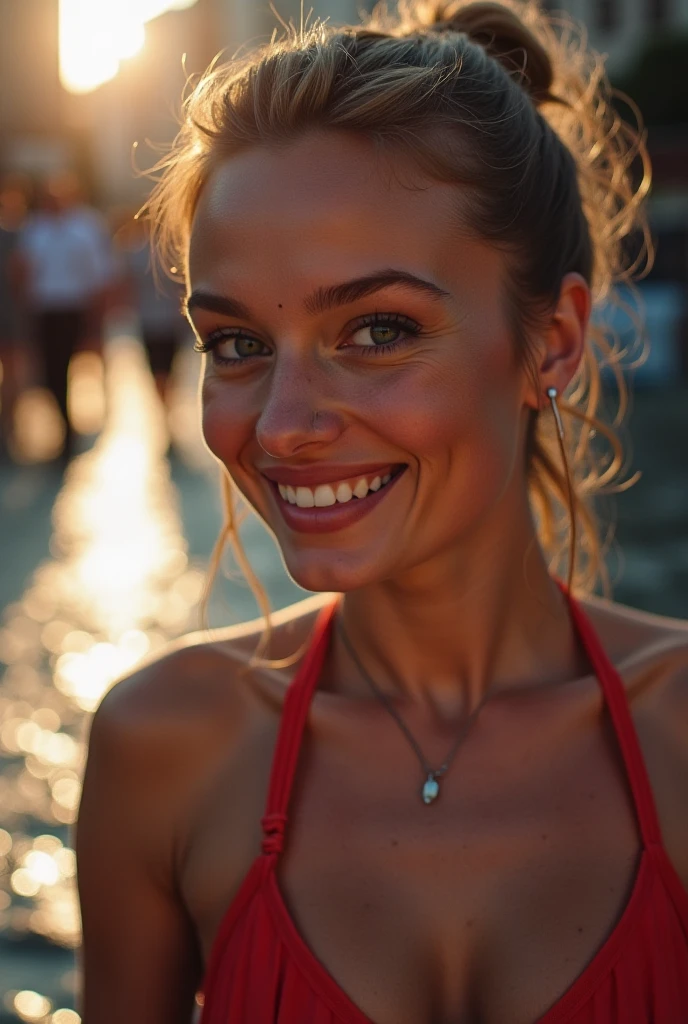 raw closeup of a stunningly beautiful young woman, With a big smile looking by the camera by the canals of holland, shops selling gouda cheese, RAW, 8K, UHD, natural lighting, perfect day, amateur, candid, extreme close up,