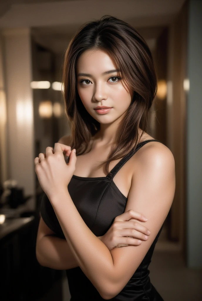 Best Quality, Masterpiece, Ultra High Definition, High resolution, highly detailed, High Definition Face, high quality picture, detailed hair texture, Detailed skin texture, Detailed Cloth Texture, 8K, ultra detailed skin texture, ultra detailed photographic, Portrait of a girl, beautiful eyes, wearing tank top, full body, Slim, Big Breasts, Glossy, shiny skin, ABS