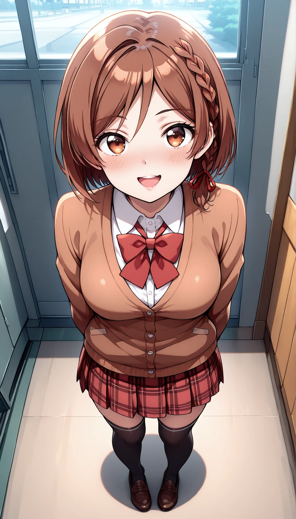 sakuramori akane, 1girl, solo, looking at viewer, blush, long hair, brown hair, shirt, long sleeves, brown eyes, school uniform, hair ribbon, white shirt, braid, collared shirt, plaid skirt, blazer, red bowtie, side braid, brown cardigan, thigh socks ,loafers outdoor, open mouth, glossy lips,proportional body, full body ,arms behind back,smile ,from above