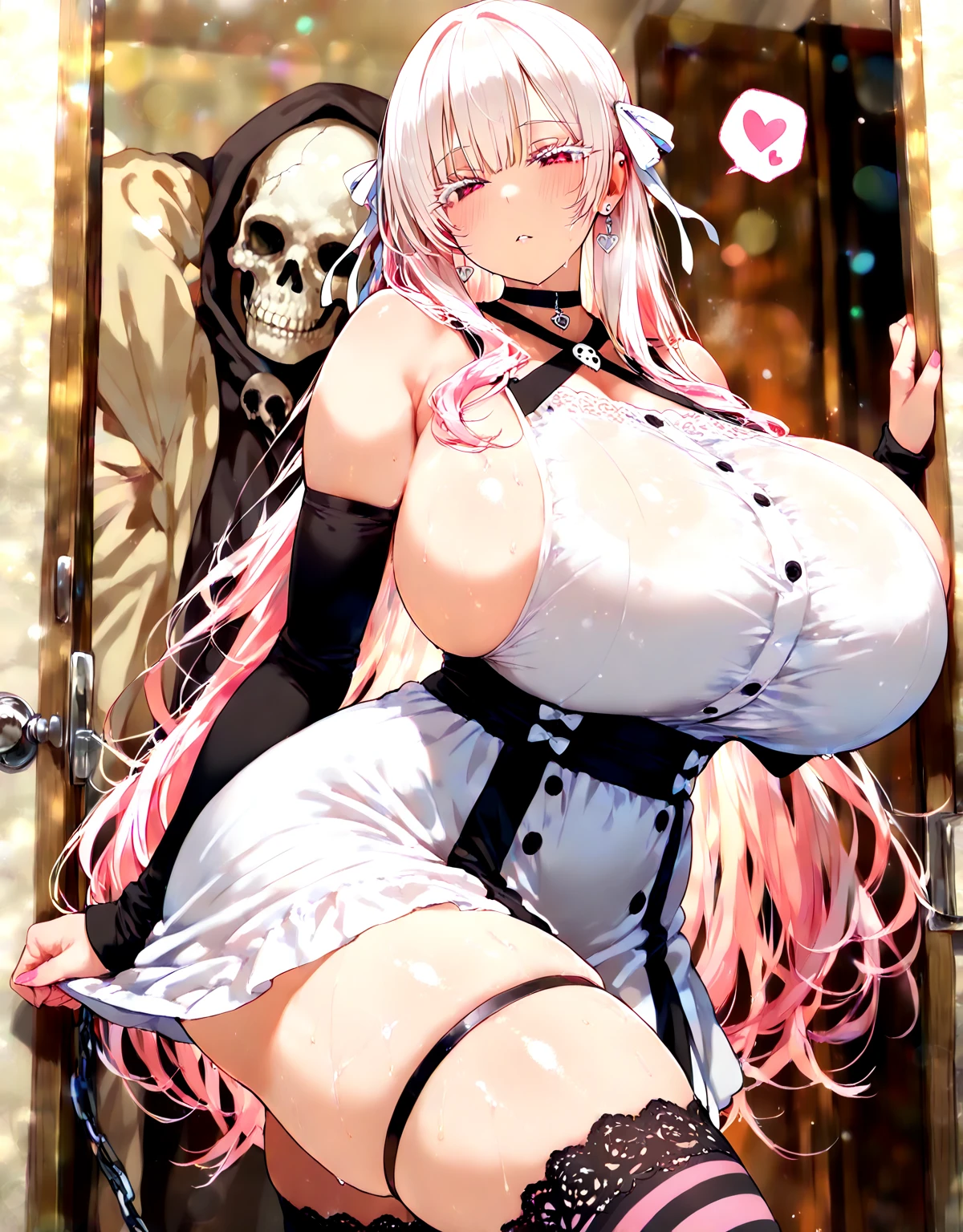 (Uhd, Masterpiece, Textured Skin, Super Detail, High Details, High Quality, Best Quality), Detailed Face, 1woman, mature pretty woman:1.5, curvy, cowboy shot, (gigantic breasts:1.4), Silver hair, (Sexy black outfit with bone ornaments), (Huge body:1.5), (Skeletal tail:1.5), Claws