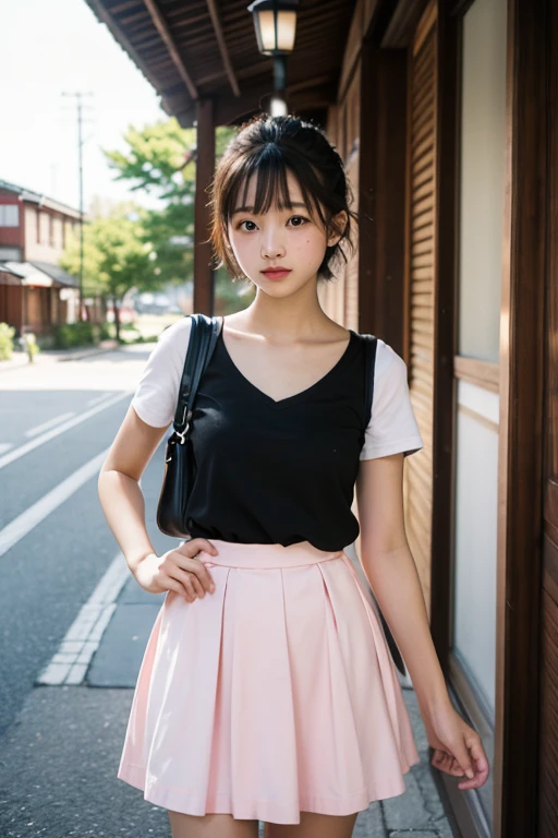 Japanese Girls、14-year-old girl、Short Hair、((Blonde))、bangs、Brown eyes、ponytail、Perfect figure、Transparency、Gloss、Gloss、Modest chest、、White shirt、Pink Skirt、Hirotake、Burning Body、Gravure idol pose、Light blue wall、Beautiful legs、Strong sunlight、dirty、Wet body in the rain、Wet