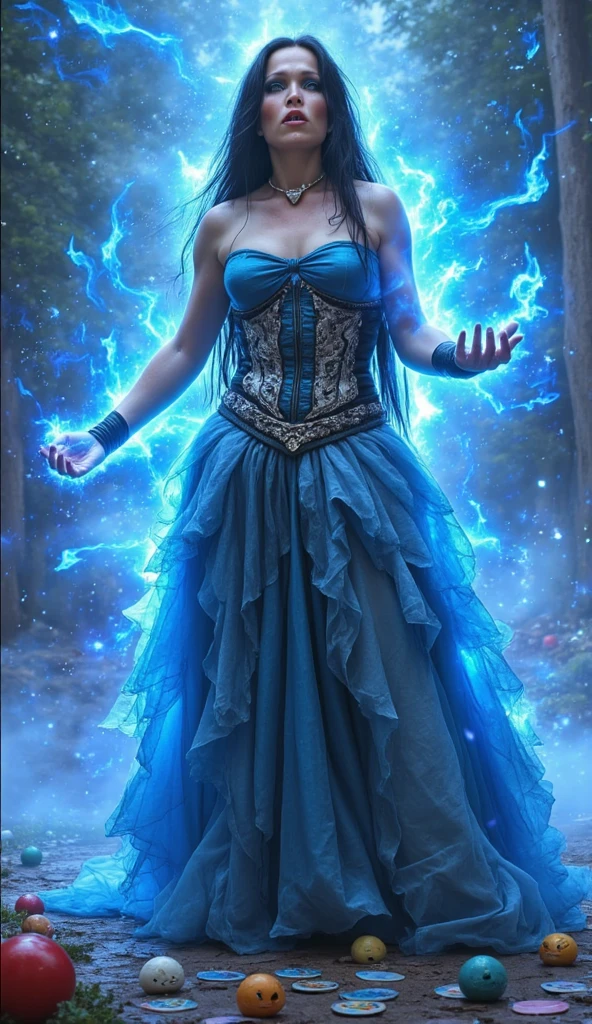 A woman with red hair, blue ripped dress, blue high heel sandal, with the letter Y of blue fire and the number 7 of blue fire in the hands
