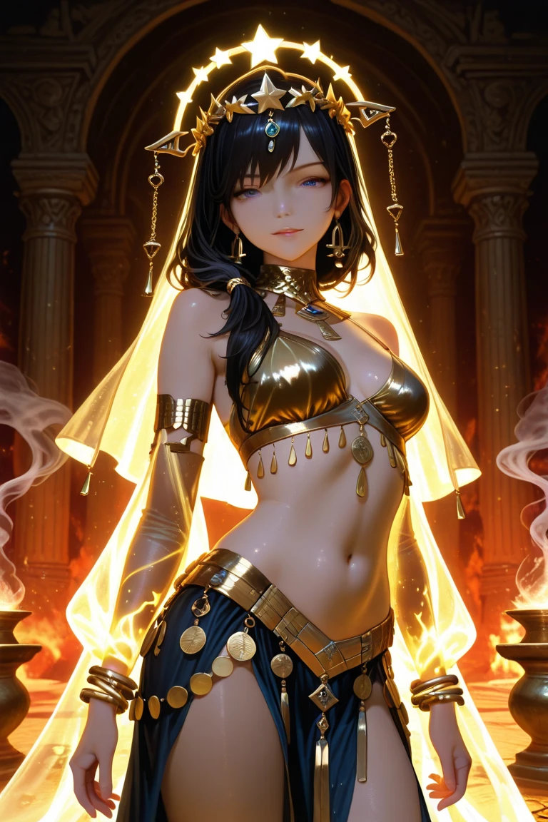Setting: Ancient temple, lit by torches Lighting: Dancing lights, creating mysterious shadows Body: - Hair: Black, tied in a loose bun - Face: Wise expression, with soft wrinkles - Breasts: Voluminous, covered in translucent silk - Hips: Wide, covered by a long, flowing skirt - Waist: Padded, adorned with a gold belt - Legs: Sturdy, with shiny silver bracelets - Belly: Full of stories, wrapped in luxurious fabrics - Eyes: Deep, enigmatic, revealing ancient mysteries