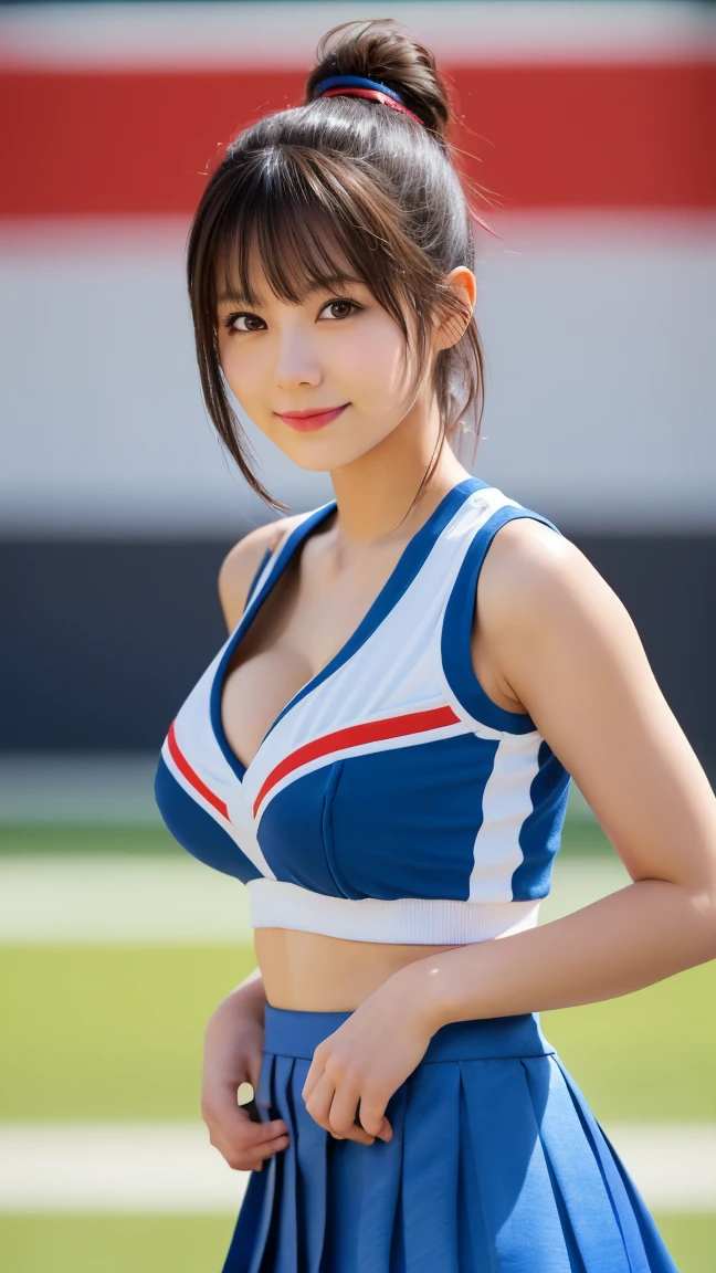 Realistic、Masseter region、Highest quality、High resolution、RAW Photos、Realistic、Bright lighting、Face Light、Smooth Professional Lighting、Japanese women、Beautiful woman、Modeled、gravure、sexy、so beautiful、Realisticで美しい肌、Beautiful and exquisite、Detailed face、slim、Large Breasts、Cleavage、short hair、Brunette colored hair、Brown eyes、Looking into the camera、Cheerleader、Cheerleader、Cheerleader、smile