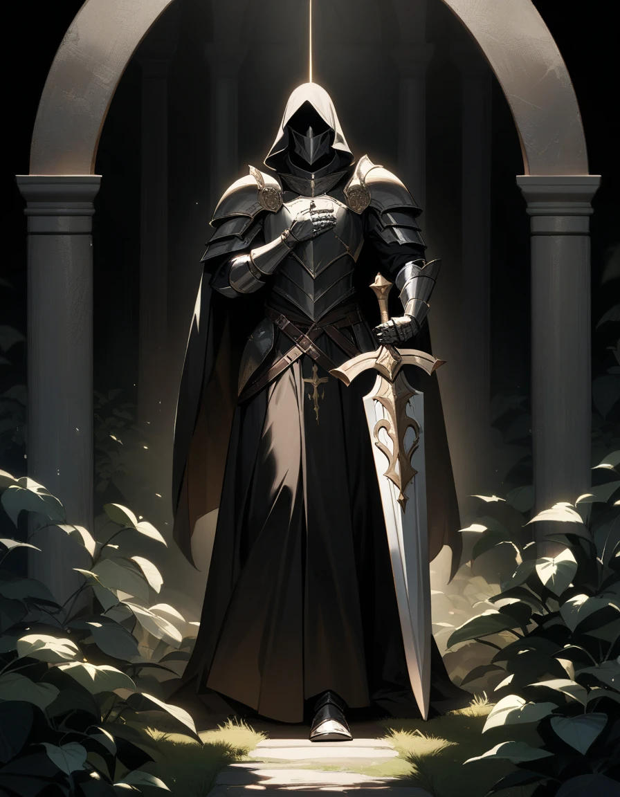 (((masterpiece; best quality: 1.2))), ((1 templar)), ((solo)), (no face: 1.4), (body shape; toned, lean, masculine: 1.3), (beautiful and clear background: 1.2), ((depth of field)), (equipment: templar garb + surcoat with cross + chainmail shirt + closed helmet + leather gloves + black cloak : 1.3), (anime illustration: 1.2), (background composition; palace garden + plants: 1.1), (shot composition; standing + centered on head + bust close-up: 1.5)