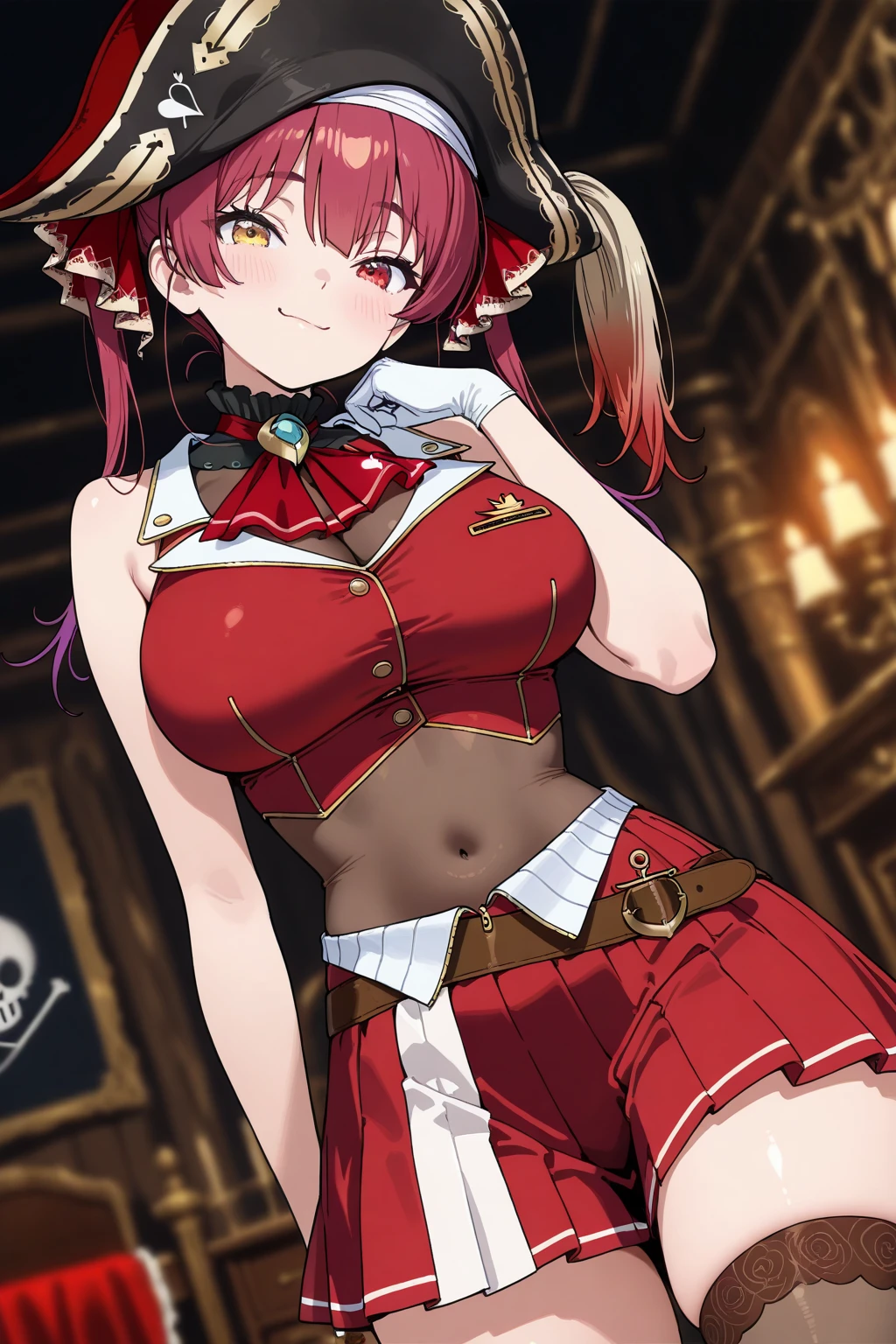 best quality, masterpiece, highres, solo, {megu_bluearchive:1.15}, red_hair, horns, breasts, blue_eyes, bangs, pointy_ears, large_breasts, smile, blush, long_hair, open_mouth, ponytail, cleavage, hair_ornament, goggles, fang, goggles_on_head, halo, 1girl, looking_at_viewer, choker, simple_background, white_background, gloves, tail, bare_shoulders, skin_fang