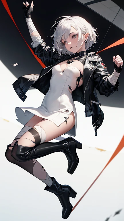 girl in a white shirt and black skirt ,in black tight tights ,brown-haired , wearing full-length rubber gloves