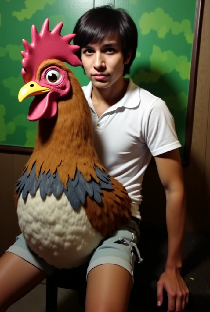Chubby man with toucan in his arms
