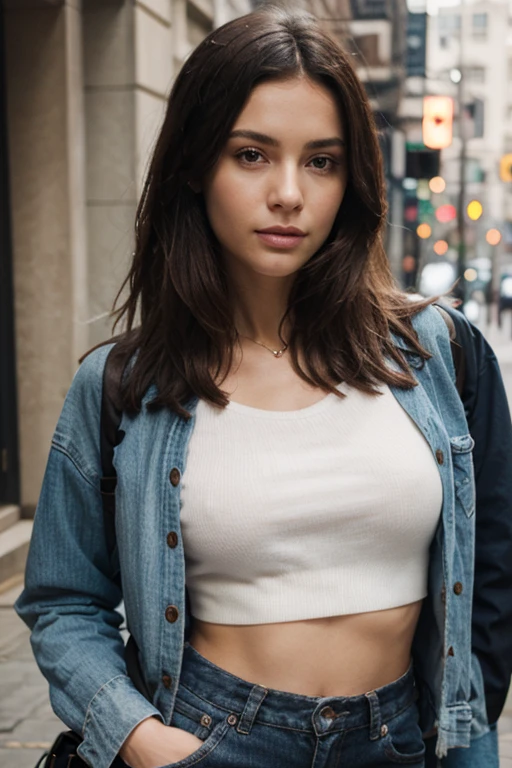 Portrait beautiful girl dark hair, gray eyes, open shirt, lachs, on the street., the design creates an atmosphere of mystery, fantasy, and magic, 8k resolution, hyper realistic