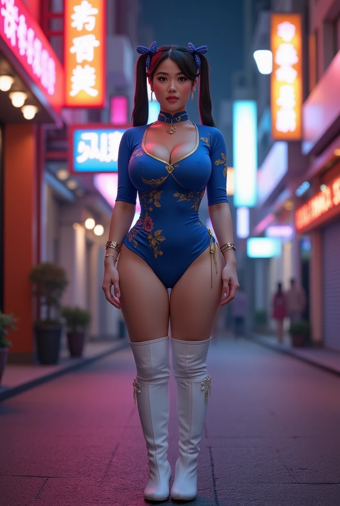 1girl, beautiful, woman, asian, (micro blue bikini), blue hair, ponytail, contrapposto, front angle, full body, high heels, curvy, ((big ass, big breasts, midriff, cleveage)), perfect body, front view, chinese city with neon lights, sexy pose, earring, necklace, low angle