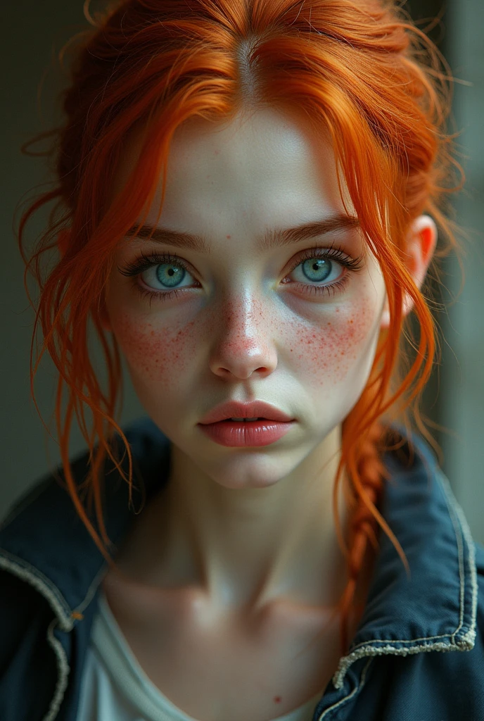Create a redhead woman with blue eyes crying 