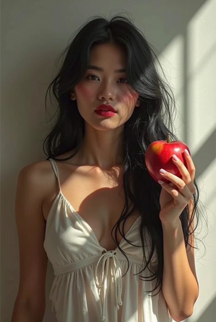 editorial photography,super detailed background,Super realistic,double exposure,depth of field,beauty super slender skinny vibes,soft focus gray tone,narrative scene,unclad body,open lips,very long straight black hairstyle,glasses,fine white skin,female Grab waist and hit her servant demon,carrot and stick,
