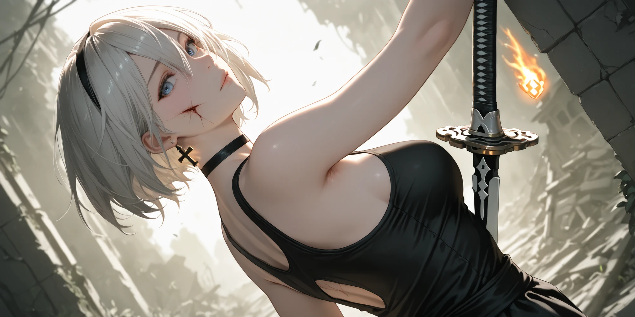 {(masterpiece,best quality, 16K portrait, UHD, extremely detailed the work, detailed beautiful face and eyes and skin and hair)}
BREAK {(ultra realistic photo graphic style)}
BREAK {solo,(2B of Nier-Automa:1.4), (lightbrown-lightwhite colored hair:1.4, short cut hair), (medium mouth),(narrow and sharp eyes),(attractive blue-glay eyes:1.4),(left-eye hidden by bangs:1.2),(slender body,small breasts):1.2,captivating lips}
BREAK {(Nier-Automata-2B costume:1.2),(cleavage between breasts:1.2),(hairband),(black long-stockings:1.2),(black over-the-knee boots:1.4)}
BREAK,{(Sit on a metal bar stool with a high seat:1.2),(Gravure pose:1.4),(hand on waist)}
BREAK {(profile:1.2),(looking away:1.4),(more face closeup:1.2)}
BREAK {(Part of the stucco wall is brick:1.2),(cast a shadow on the wall:1.2),bullet holes in the wall}