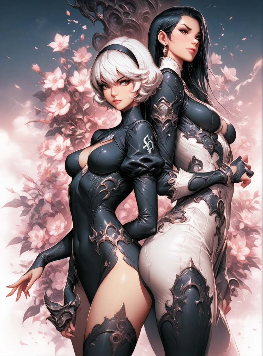 barefoot woman(30 years old) , (fair and white skin:1.7)、 (long  white hair)、(Black and gold samurai style kimono:1.0)、(White smoke)、(two swords)、(abnormally large breasts)、bared shoulders, Double eyelids, (grey-eyed)、parted lips,standing alone,(neckleace)、delicate and sexy(clavicle:1.3), (shining skin:0.8),(tabletop:1.4),(best qualityer:1.4),bright red lips, perfect abs, humida(full of sweat)、low angles, (from the angle below), highly detailed skin, skin pore,(Fund estilo Katsushika Hokusai)
