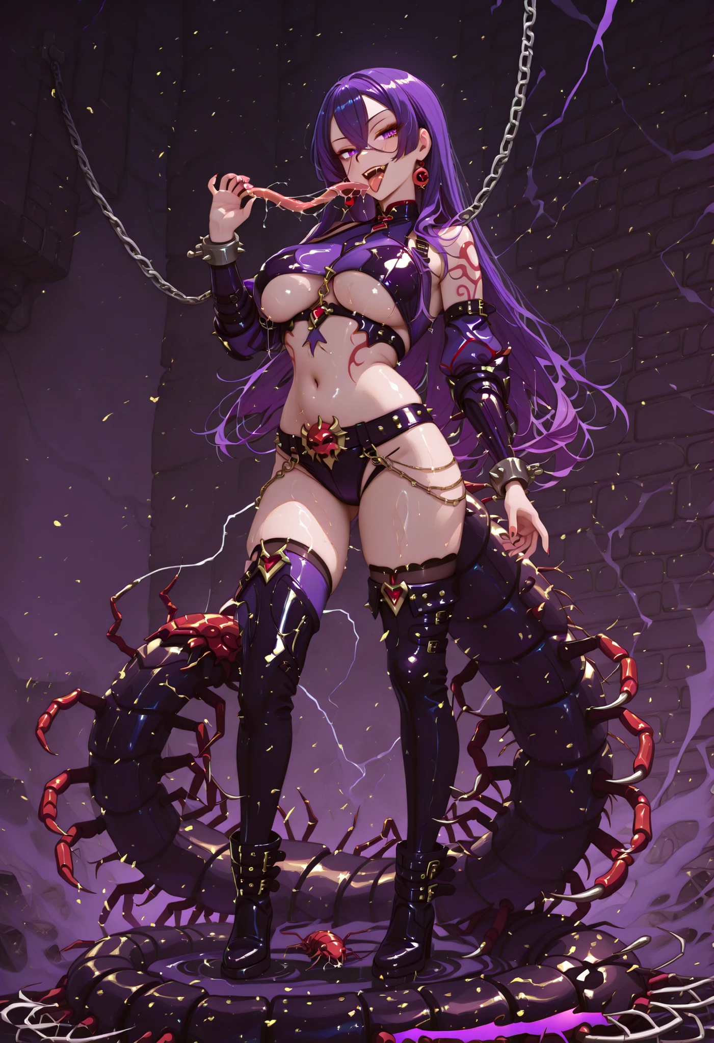 Villain girl wearing a centipede. Purple hair. Long hair. Red bangs. Straight hair. Purple eyes. Licking tongue. Underboob costume. Glossy costume. Black and purple costume. Belly button. Large belt. Metal buckle. Chain accessory. Studs. Long boots. Armored arms. Sharp claws. Venom.