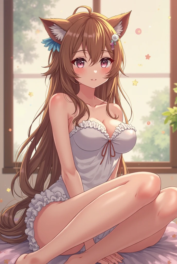 beautiful illustrations, highest quality, pretty girl, 1girl, Bedroom, pastel colour, (two-separated lingerie), reddish brown long hair, headband, cute lingerie, bright lighting