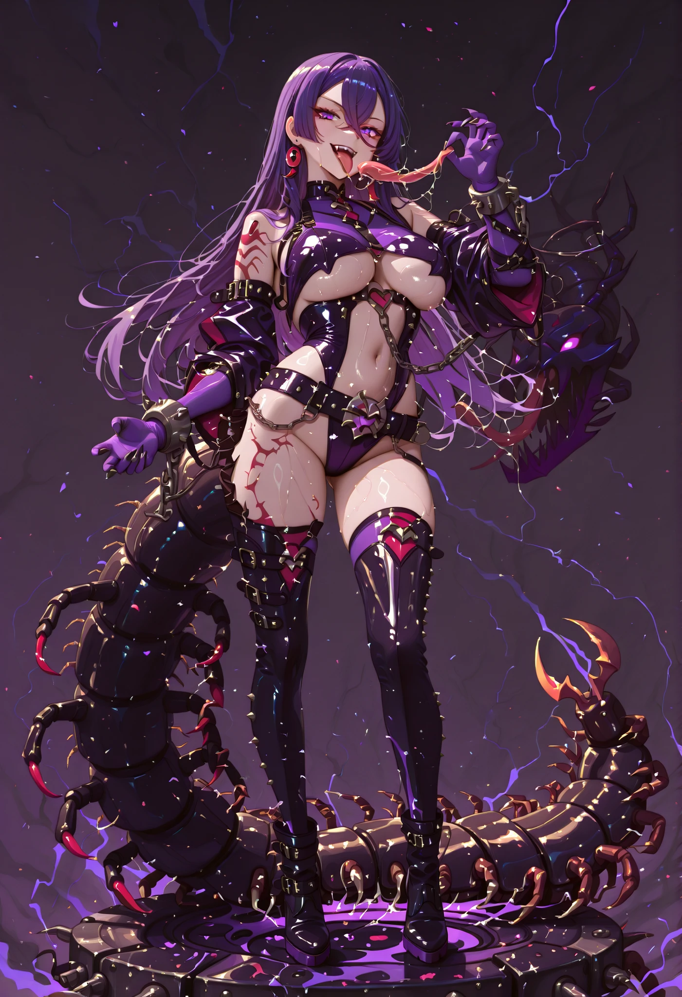 Villain girl wearing a centipede. Purple hair. Long hair. Red bangs. Straight hair. Purple eyes. Licking tongue. Underboob costume. Glossy costume. Black and purple costume. Belly button. Large belt. Metal buckle. Chain accessory. Studs. Long boots. Armored arms. Sharp claws. Venom.