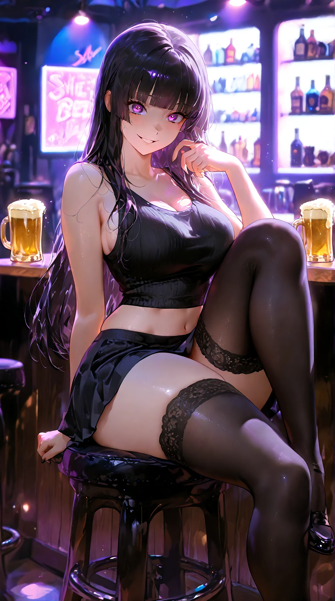 (best quality, 4K, high resolution, masterpiece:1.2, Extremely detailed, Extremely detailed eyes,Ultra HD, Studio Lighting, Ultra-fine painting, Large :0.8, Attractive thighasterpiece,best quality,1girl,独奏,black hair,long hair,blue eyes,sad,shouting,tears,(drunk,blush),sitting,drinking,((Mature ody)),Bk stockings,holding mug,counter,pub,