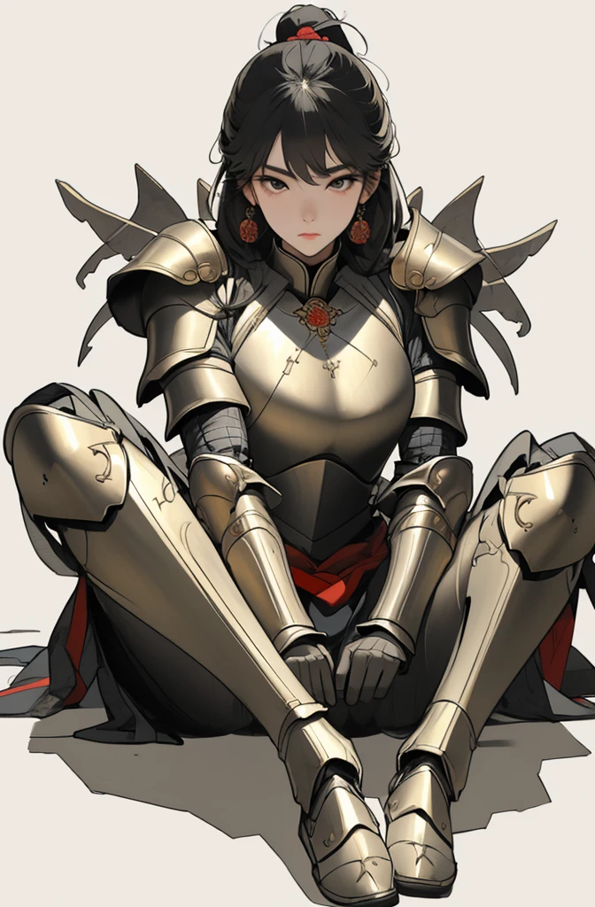 ((best quality)), ((highly detailed)), masterpiece, absurdres, (detailed eyes, deep eyes), (1girl), squatting, <lora:Female_knight:.6>, HGS_1, armor, greaves, armored boots, pauldrons, breastplate, gauntlets, knight, belt, cape, fur trim, (lion girl), lion ears, lion mane, royalty, long hair, (black hair), ((dark skin)), amber eyes, small breasts, athletic, (indoors, in a hall)