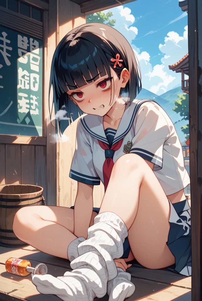 Masterpiece. 1girl, solo, blue hair, low ponytail, ribbon, white outfit, japanese clothes, shorts, sandals, detached sleeves, long sleeves, smile, open mouth, fang, full body, sitting, eating, dango, outdoors, japanese shrine <lora:Ichijou akari:1>