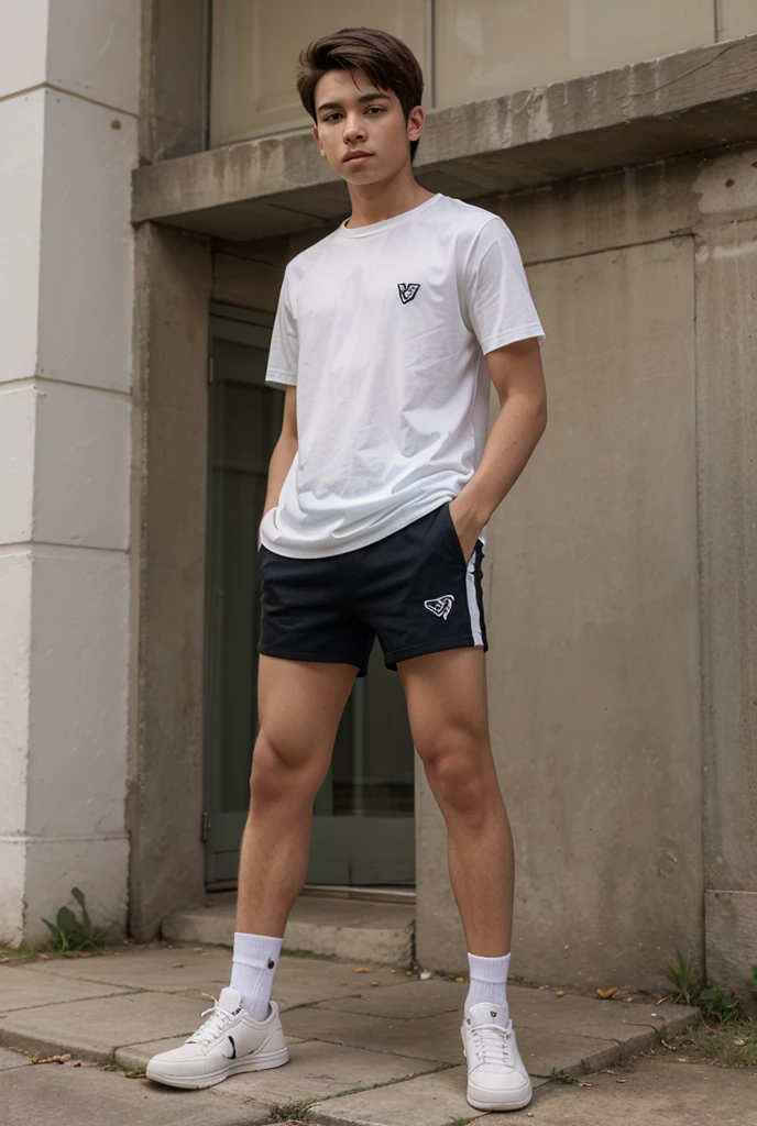 ((Best Quality)), ((Masterpiece)), (Detailed), 16 year old young man, little muscle, skinny, slim, bellyless, tight shorts, skin tight shorts, rides e-scooter