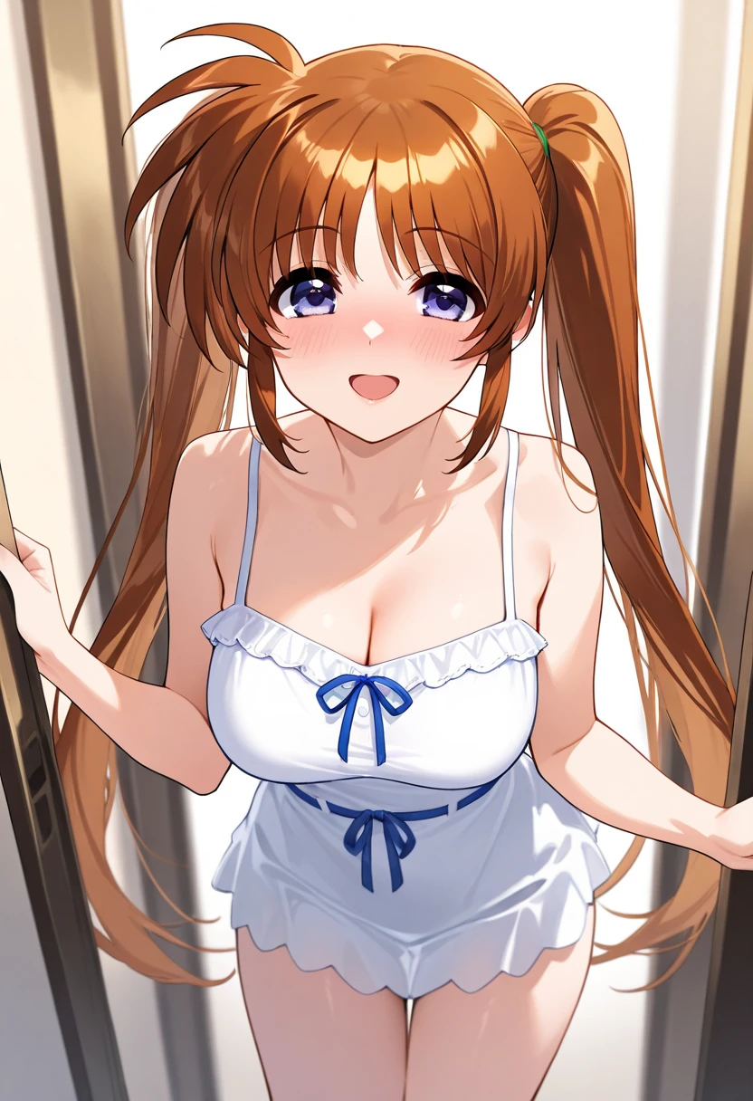 1girl, beauty, big breasts, large ass, green eyes, makeup, long hair, hair longer than body, fluffy hair, long twin tails, hair longer than body, extremely long hair, blonde hair, busty, adult woman, naked towel, looking at viewer, evil grin, bathroom background, malicious face, malicious smile, soft light, without pants, only towel, blush, hands on own hips,