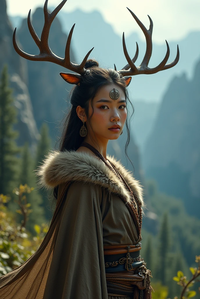 (grainy:0.5), cinematic, beautiful girls 25 year old native american,fantasy,(solo:1.3), detailed eyes, detailed face, detailed native american sexy clothing, volumetric lighting, dusk, extremely detailed background, standing next to tree and mountain, smiling, half closed brown eyes, tilted head, from side, sitting next to her White-tailed Deer
