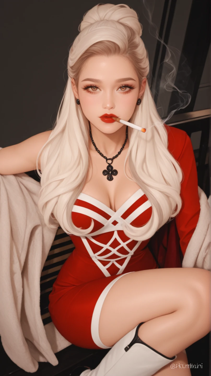Hands, full body, close-up of a woman in a red jacket and milky white hair sitting in shorts and black stockings, Ross Trunk's cyberpunk art, CG social trends, digital art, Ross Tran 8 K, Ross Tran !!!, Ross Tran's style, insulating glass model | Art Germ, Loish and Ross Tran, cosplay of the Black Queen of Harley, Halle Quinn