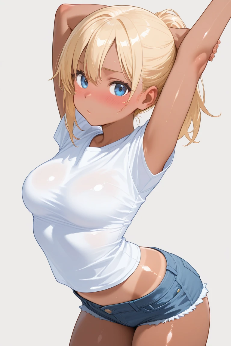 a with blonde hair and golden eyes wearing very short denim shorts and a white tank top. She has very generous breasts and you can see the shape of her nipples through her tank top.