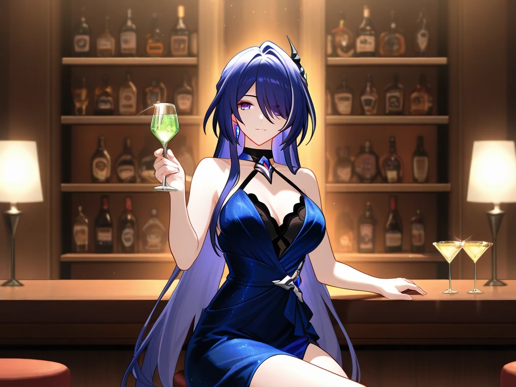 Best picture quality,highly detailed,Body and facial contours 1.2)Bar counter,animemanga girl,Royal sister,cabelos preto e longos,Open black trench coat,Purple pupils,Wine glass in hand