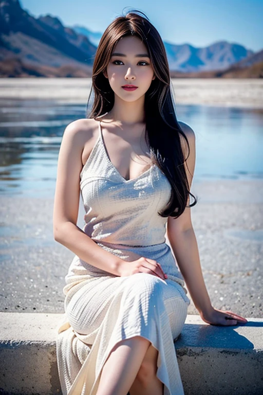 big breasts, round breasts, wearing bra inside ao dai, slim figure, beautiful figure, big breasts, ponytail, sharp 8k quality photo, ((beautiful, sharp, balanced face details) for )), ((beautiful breasts, exposed cleavage, plump body), ((beautiful sparkling eyes, sharp eye details, beautiful face)), at the beach there are many bikinis, white sand beach, sea water blue, many people at the beach((super beautiful body with high details, tight body, big bust, slim waist)), ((thin cleavage, round breasts)), (((wearing a white bra, no pants )))