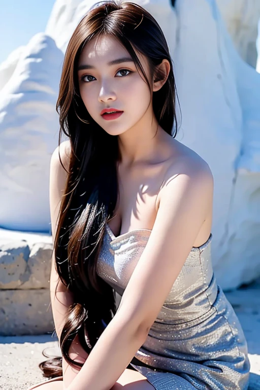 ((cowboy shot)), ((I-type Valley)), ((Short hemlines, sexy long legs)), ((Elegant and charming posture, random view shots)), realistic detailed photo of a giant breasted girl with exposed shoulders, detailed fingers, high quality skin, red eyes, alone in a winter scene with clouds, wind, and flowing hair, (best quality,4k,8k,highres,masterpiece:1.2),ultra-detailed,(realistic,photorealistic,photo-realistic:1.37),studio lighting,vivid colors