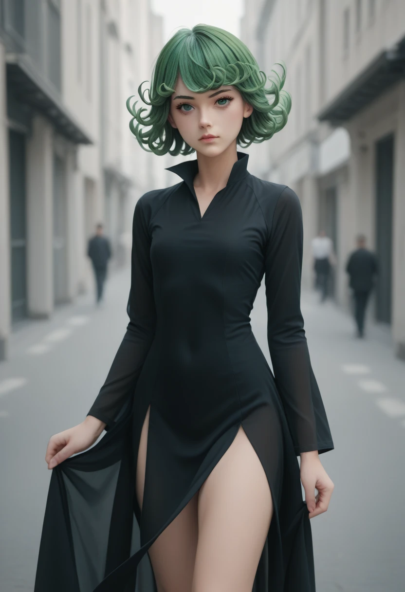 (Sexy),Fashion runway,fashion show,detailed, Tatsumaki, green hair, wearing sexy fashion dresses, 