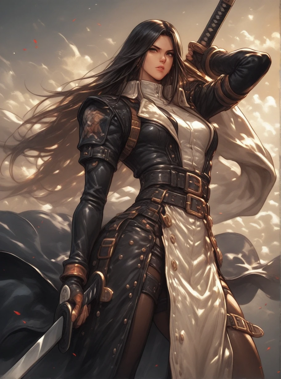One-eyed adult woman with long black hair，Single large eye mask，military development，cleavage，long pants，boots，musket，Western saber，battlefield，