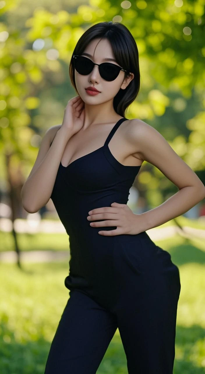(realistic: 1.3), finely detailed, fine, Rembrandt lighting, (masterpiece: 1.2), (photorealistic: 1.2), (best quality), (detailed skin: 1.3), (intricate details), dramatic, ray tracing, cute girl, French, 20 years old, cute oval face, green eyes, short very black hair, slightly smiling, full lips, small breasts, wide hips, pale skin, moles, pores on the skin, thin, wearing a black summer dress with polka dots , near a big fat tree, touching her pussy, 8k uhd, dslr, soft-lighting, hiquality, film grains, Fujifilm, 50 mm