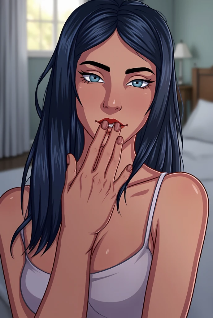 Personagem poses de fotografia sensual  Imagem de desenho animado de uma mulher .cartoon style illustration, ,  digital illustration style, design de personagens altamente detalhado, arte digital detalhada coragem, Forest fan art, Design de personagens de retrato, beautiful digital illustration, retrato de alta qualidade, Arte em quadrinhos, mulher jovem cabelo com transas lindas . Beautiful lined eyes Medium large bust and wonderful sexy clothes. image expression of sexual desire from waist to head illustration Jennifer Connelly having sex