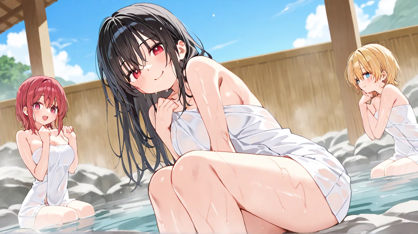 KirukiruAmou, (black hair, long hair, grey eyes), hair ornament, breasts, jewelry, 1girl, black_hair, long_hair, solo, anklet, sitting, cleavage, detached_sleeves, barefoot, bare_shoulders, bracelet, water, large_breasts, looking_at_viewer, smile, dress, hair_ornament, magic, fire, flower, very_long_hair, full_body, mole, wide_sleeves, bangs, feet, medium_breasts, thighs, petals, crossed_legs
