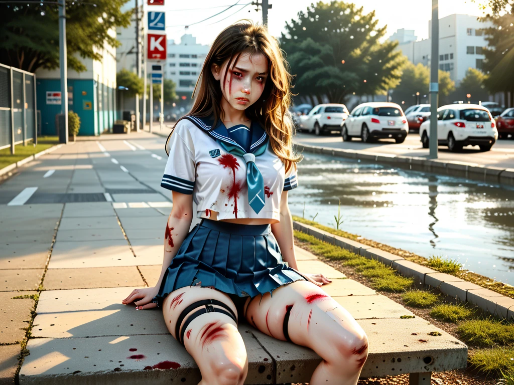 1 girl, long black hair, school uniform, navy mini skirt, white thighhights, red necktie, shoeless, blood dripping on legs, hands covered in blood, car crash, destruction, fire, burning buildings in the background, meteor shower