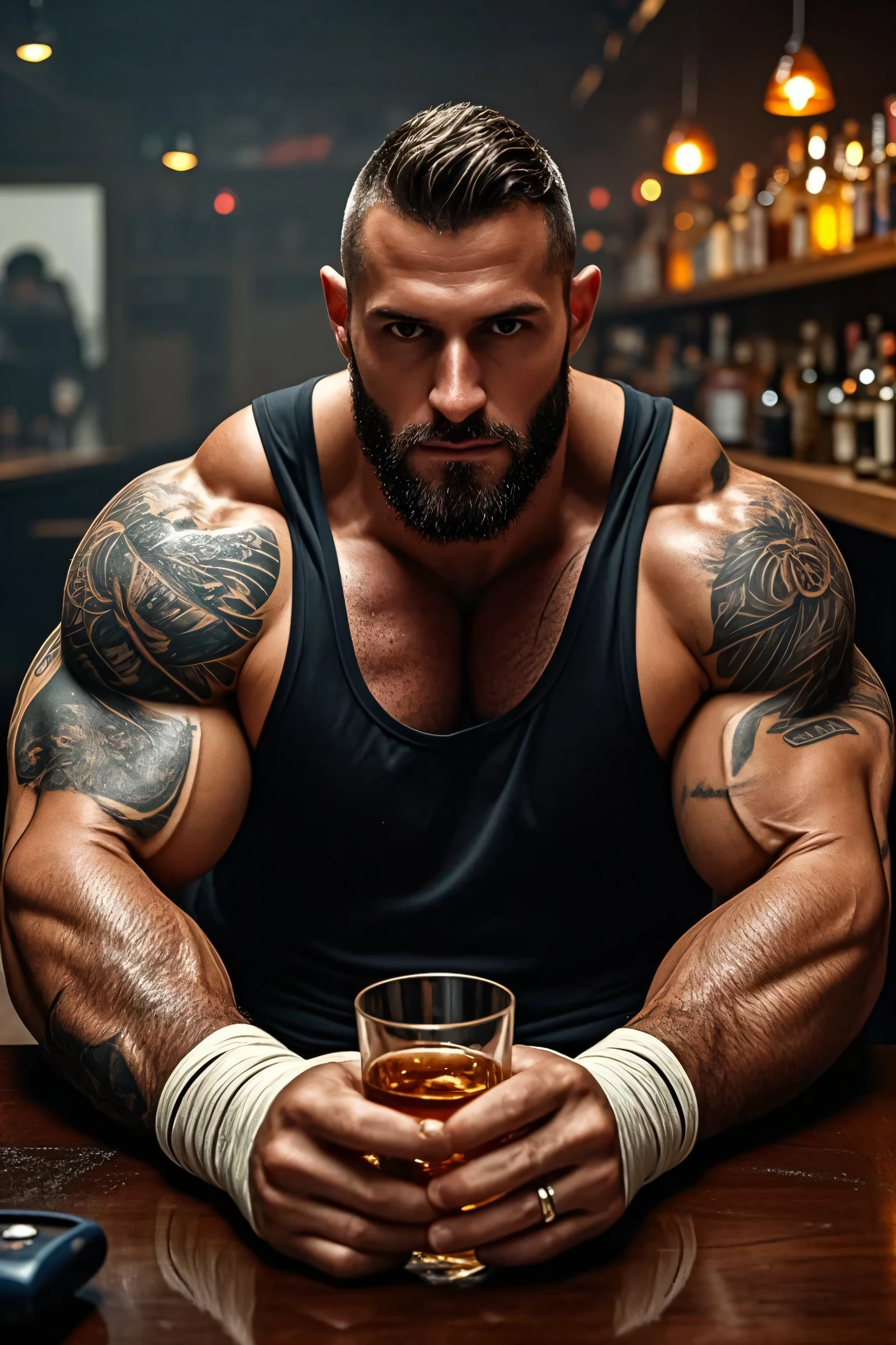 Young muscular man drinking Viagra pill in a glass